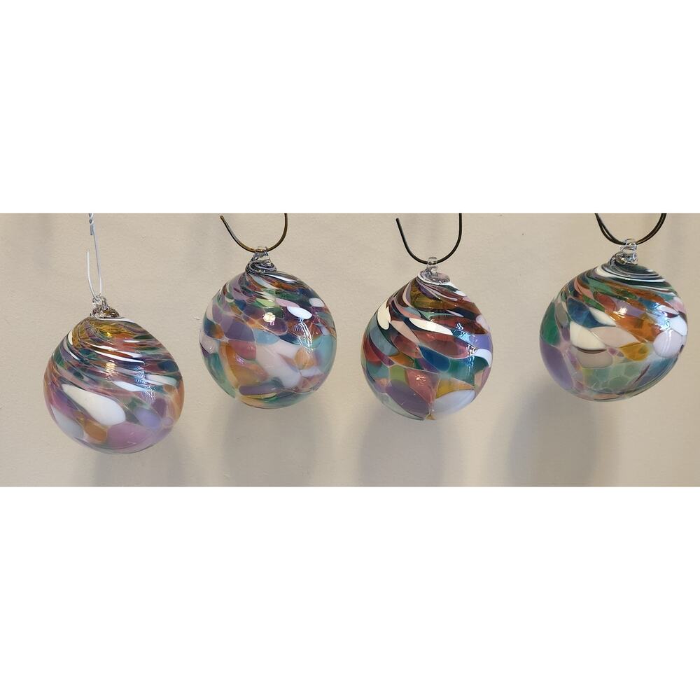 🧡 4 Hand Blown Art Glass Christmas Ornaments Multi-Color Swirl 4½” to 5” Dia.